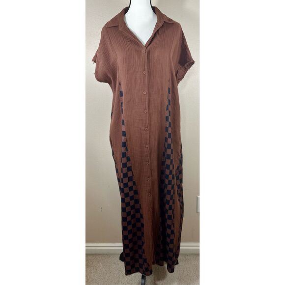 Dressed in LALA California Cool Oversized Brown & Black Checkered Maxi Dress XS - Picture 4 of 11
